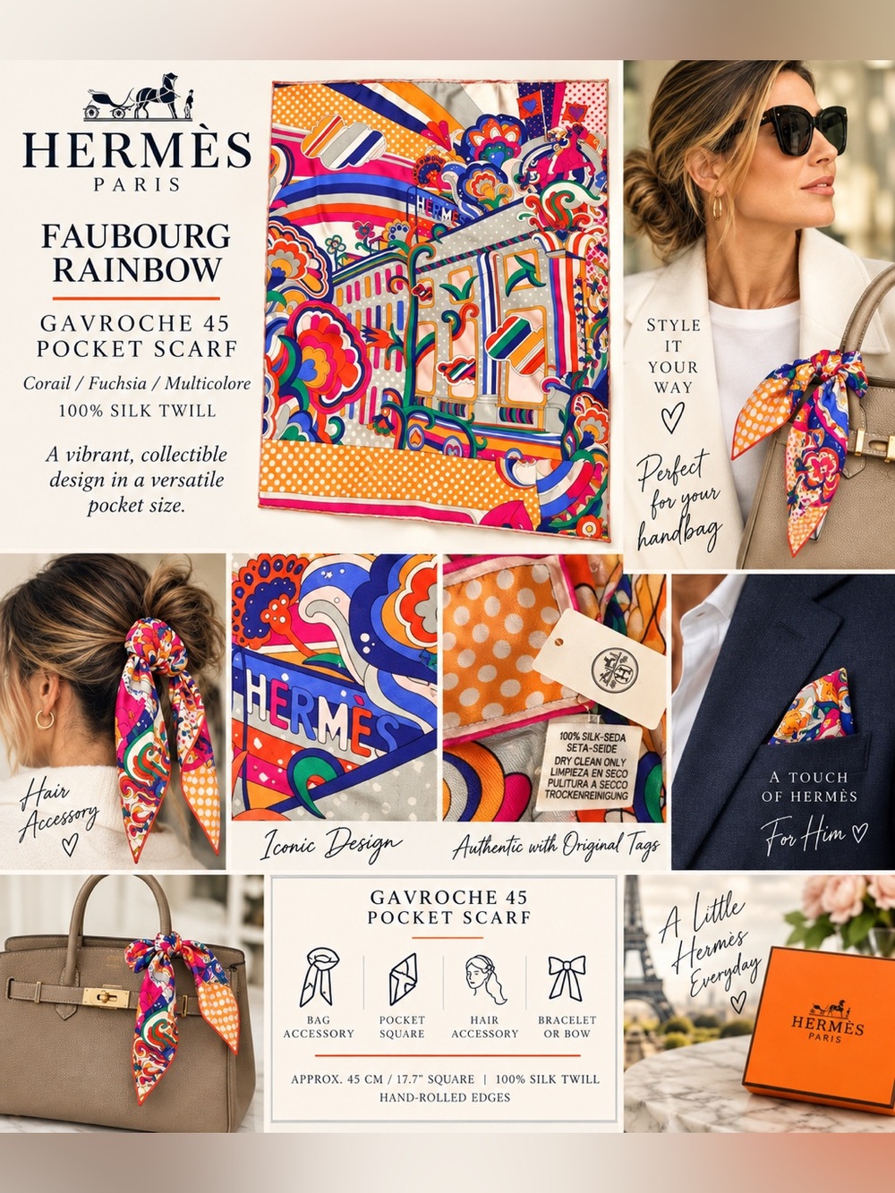 Hermès Faubourg Rainbow Gavroche 45 Silk Scarf w/ original Tags 100% silk